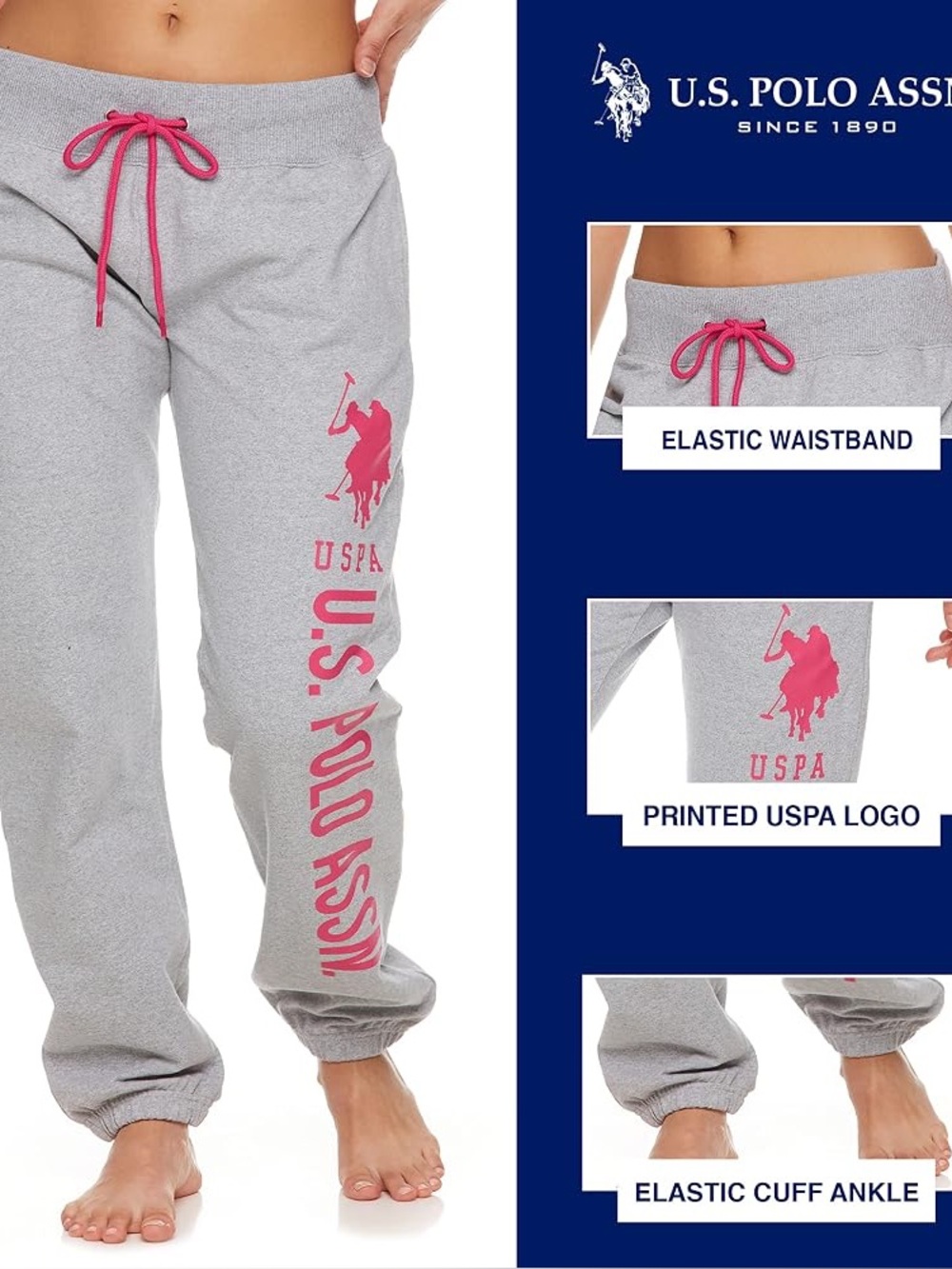 U.S. Polo Assn. Light Gray Sweatpants with Pink Logo & Drawstring